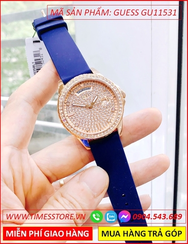 Đồng Hồ Nữ Guess Mặt Full Đá Rose Gold 2 Lịch Dây Silicone Xanh