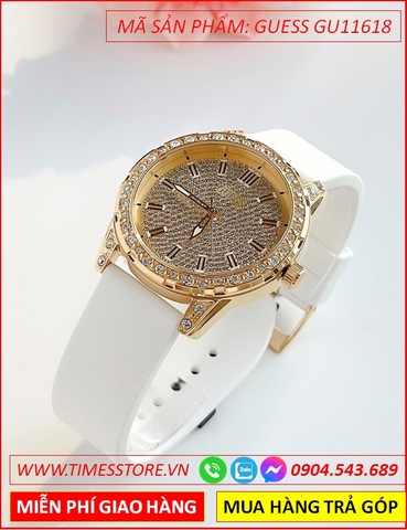 Đồng Hồ Nữ Guess Mặt Full Đá Swarovski Vàng Gold Dây Silicone Trắng