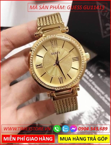Đồng Hồ Nữ Guess Mặt Tròn Đá Swarovski Dây Mesh Vàng Gold