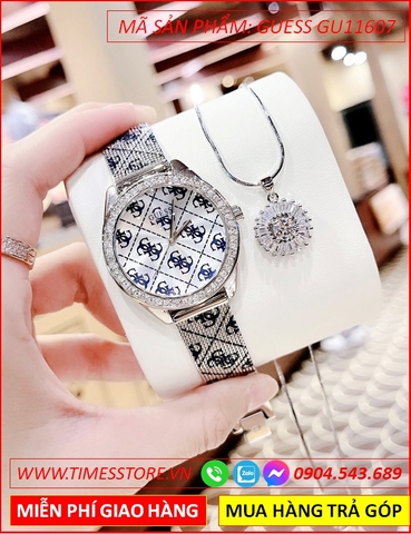 Đồng Hồ Nữ Guess Mặt Tròn Đính Đá Họa Tiết Logo Dây Mesh Lưới