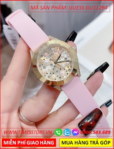 Đồng hồ Nữ Guess Mặt Tròn Đính Hạt Ngọc Trai Dây Cao Su Hồng