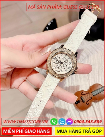 Đồng Hồ Nữ Guess Mặt Tròn Đính Đá Swarovski Dây Cao Su Trắng