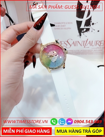 Đồng Hồ Nữ Guess Mặt Tròn Logo Đính Đá Nhũ Dây Silicone Trắng