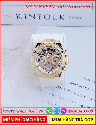 Đồng Hồ Nữ Guess Mặt Tròn Vàng Gold Lộ Cơ Dây Silicone Trắng
