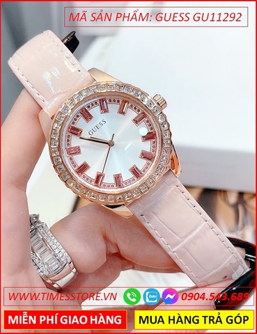Đồng hồ Nữ Guess Mặt Tròn Gắn Đá Ruby Rose Gold Dây Da Hồng