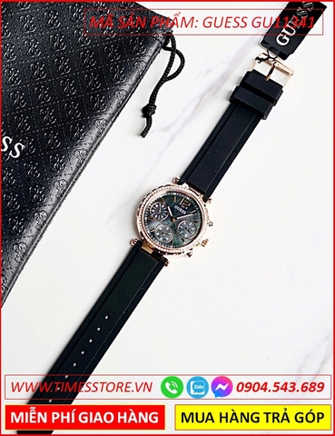 Đồng Hồ Nữ Guess Mặt Tròn Xanh Đính Đá Rose Gold Dây Silicone