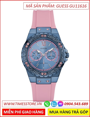 Đồng Hồ Nữ Guess Mặt Tròn Xanh Navy Dây Silicone Hồng