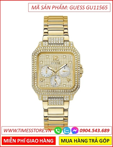 Đồng Hồ Nữ Guess Mặt Vuông Full Đá Dây Kim Loại Vàng Gold