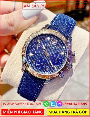 Đồng Hồ Nữ Guess Unisex Mặt Tròn Xanh Dây Da Jean