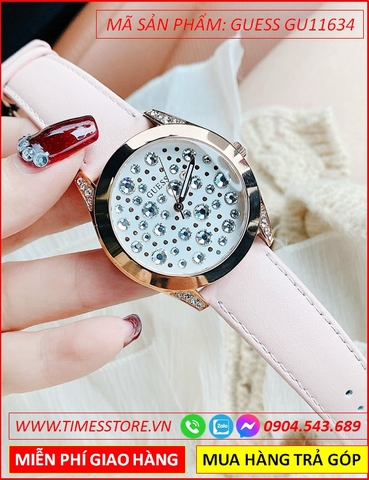 Đồng Hồ Nữ Guess Wonderlust Mặt Tròn Đính Đá Dây Da Hồng