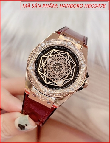 Đồng hồ Hanboro Nữ Mặt Vũ Trụ Đá Rose Gold Cao Su Đỏ (36mm)