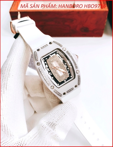 Đồng Hồ Nữ Hanboro Tựa Richard Mille Mặt Oval Dây Cao Su Trắng (36mm)