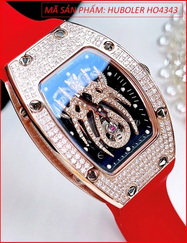 Đồng hồ Nữ Huboler Mặt Nhện Rose Gold Đính Full Đá Dây Cao Su Đỏ (36mm)