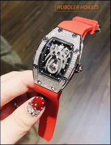 Đồng hồ Nữ Huboler Mặt Nhện Dây Silicone Đỏ Full Đá Swarovski (36mm)