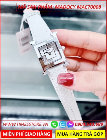 Đồng Hồ Nữ Madocy Mặt Vuông Tựa Hermes Pha Lê Dây Da Trắng (32mm)