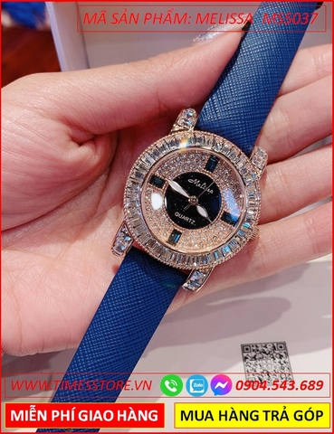 Đồng hồ Nữ Melissa Full Đá Swarovski Rose Gold Dây Da Xanh (32mm)