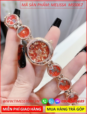 Set Đồng hồ Nữ Melissa Mặt Tròn Đỏ Rose Gold Lắc Tay Hạt Đá Rơi (28mm)