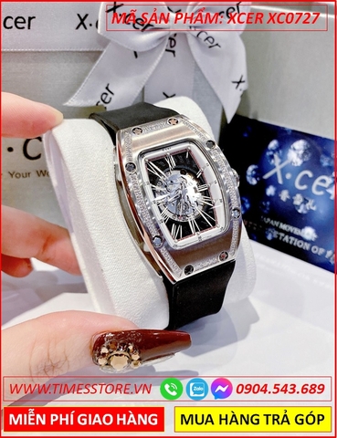 Đồng Hồ Nữ Xcer Automatic Skeleton Lộ Cơ Dây Cao Su Đen