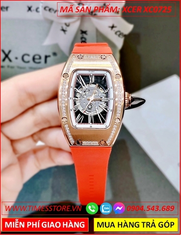 Đồng Hồ Nữ Xcer Automatic Skeleton Lộ Cơ Rose Gold Dây Cao Su Đỏ (36mm)