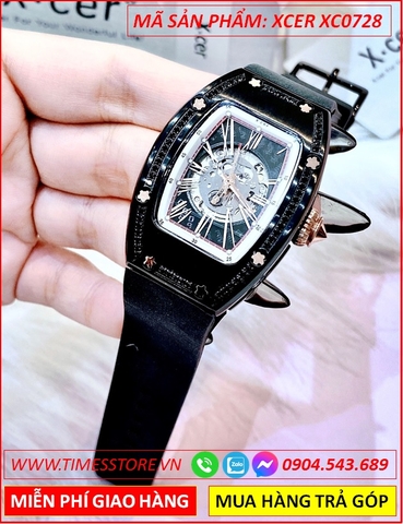 Đồng Hồ Nữ Xcer Automatic Skeleton Lộ Cơ Full Đen Dây Silicone Đen