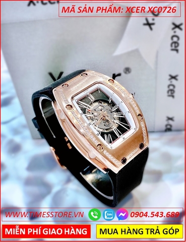 Đồng Hồ Nữ Xcer Automatic Skeleton Lộ Cơ Rose Gold Dây Cao Su Đen