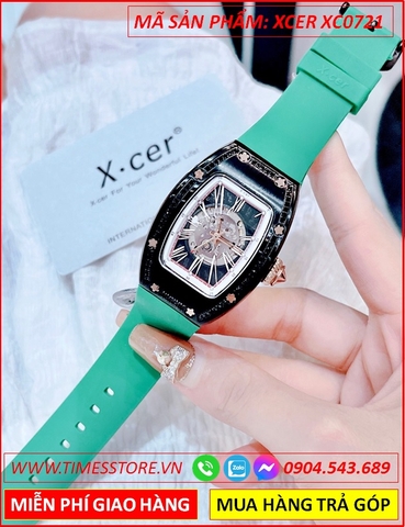 Đồng Hồ Nữ Xcer Automatic Skeleton Lộ Cơ Dây Cao Su Xanh