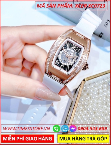 Đồng Hồ Nữ Xcer Automatic Skeleton Lộ Cơ Rose Gold Dây Cao Su Trắng