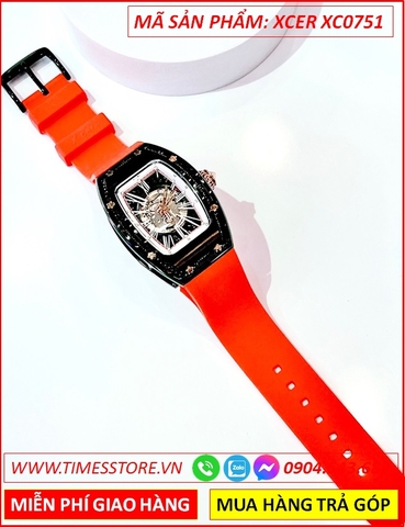 Đồng Hồ Nữ Xcer Skeleton Automatic Lộ Cơ Full Đen Dây Silicone Đỏ (36mm)