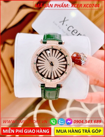 Đồng Hồ Nữ Xcer Mặt Cánh Hoa Xoay Full Đá Rose Gold Dây Da Xanh Lá (35mm)