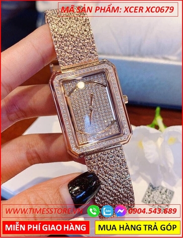 Đồng Hồ Nữ Xcer Mặt Chữ Nhật Full Diamond Dây Mesh Rose Gold