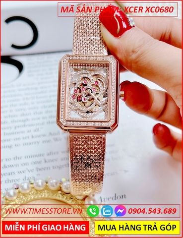 Đồng Hồ Nữ Xcer Mặt Chữ Nhật Lộ Máy Dây Mesh Rose Gold