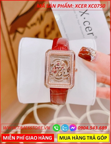 Đồng Hồ Nữ Xcer Mặt Chữ Nhật Rose Gold Lộ Máy Dây Da Đỏ (32mm)