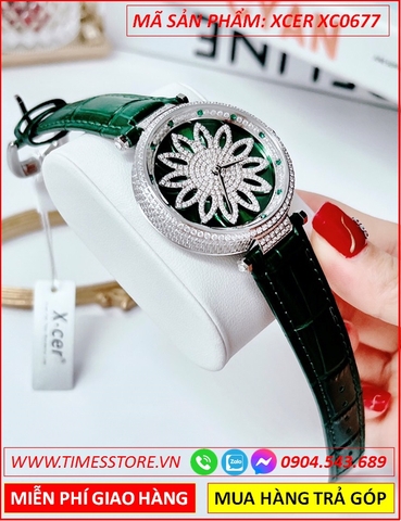 Đồng Hồ Nữ Xcer Mặt Tròn Đính Đá Bông Hoa Tuyết Dây Da Xanh