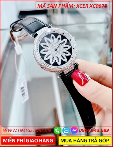 Đồng Hồ Nữ Xcer Mặt Tròn Đính Đá Bông Hoa Tuyết Dây Da