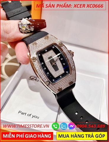 Đồng Hồ Nữ Xcer Mặt Full Đá Rose Gold Dây Silicone Đen