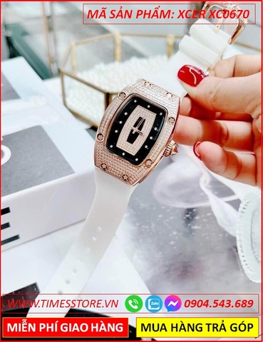 Đồng Hồ Nữ Xcer Mặt Full Đá Rose Gold Dây Silicone Trắng