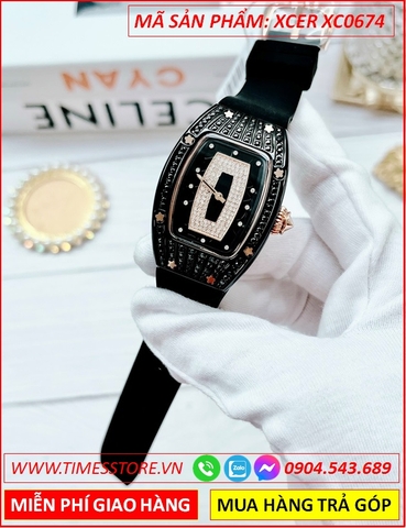 Đồng Hồ Nữ Xcer Mặt Oval Full Đá Đen Dây Silicone Đen