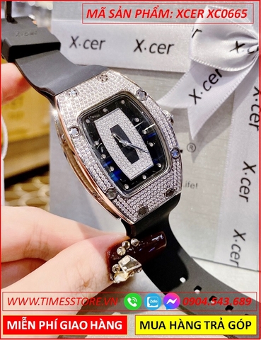 Đồng Hồ Nữ Xcer Mặt Full Đá Swarovski Dây Silicone Đen