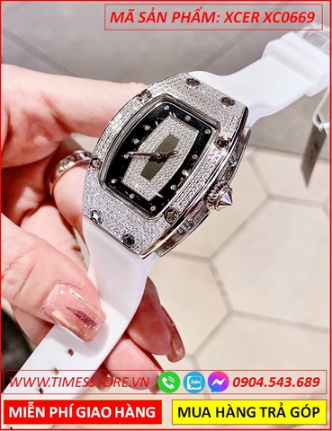 Đồng Hồ Nữ Xcer Mặt Full Đá Swarovski Dây Silicone Trắng