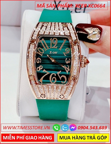 Đồng Hồ Nữ Xcer Mặt Oval Rose Gold Đính Đá Dây Cao Su Xanh