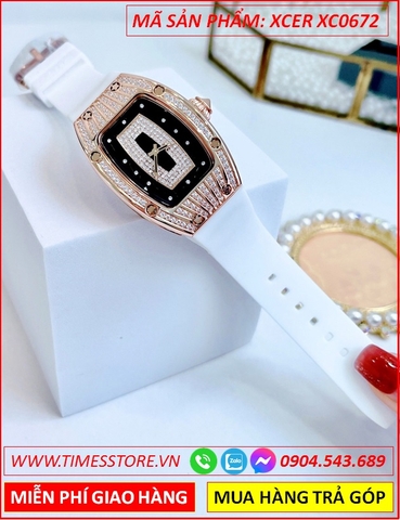 Đồng Hồ Nữ Xcer Mặt Oval Đính Đá Rose Gold Dây Silicone Trắng