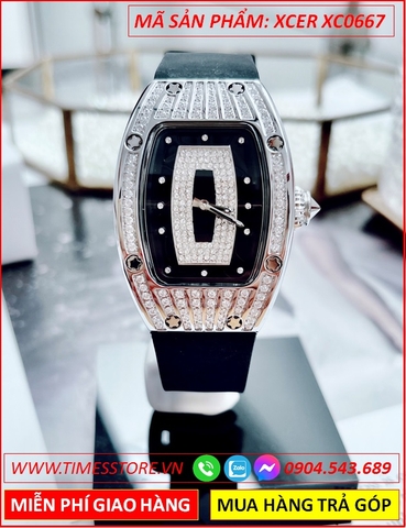 Đồng Hồ Nữ Xcer Mặt Oval Đính Đá Swarovski Dây Silicone Đen
