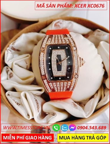 Đồng Hồ Nữ Xcer Mặt Oval Rose Gold Đính Đá Dây Silicone Đỏ
