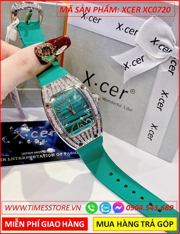 Đồng Hồ Nữ Xcer Mặt Oval Full Đá Swarovski Dây Cao Su Xanh