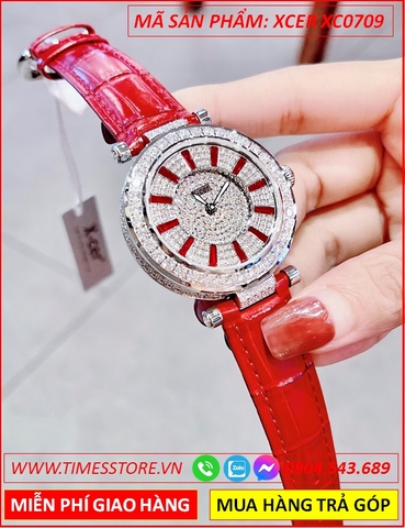 Đồng Hồ Nữ Xcer Mặt Tròn Đá Swarovski Dây Da Đỏ
