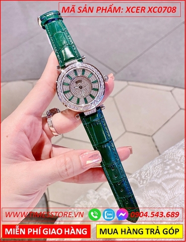 Đồng Hồ Nữ Xcer Mặt Tròn Đá Swarovski Dây Da Xanh