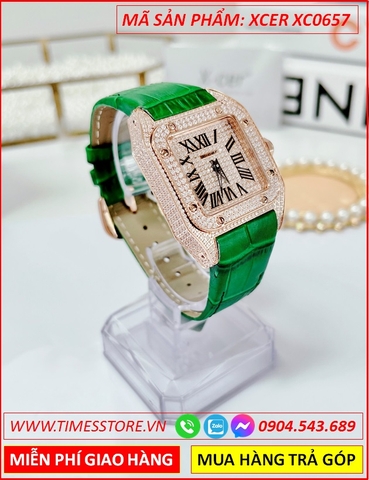 Đồng Hồ Nữ Xcer Mặt Vuông Rose Gold Full Đá Dây Da Xanh Lá