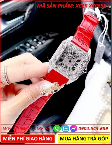 Đồng Hồ Nữ Xcer Mặt Vuông Full Đá Swarovski Dây Da Đỏ