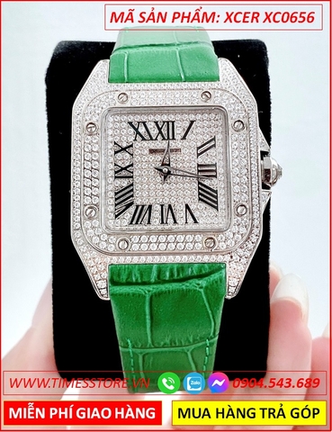 Đồng Hồ Nữ Xcer Mặt Vuông Full Đá Swarovski Dây Da Xanh Lá