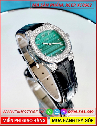 Đồng Hồ Nữ Xcer Mặt Vuông Xanh Đính Đá Swarovski Dây Da